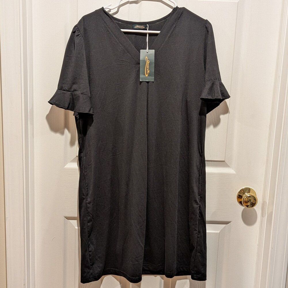 Women's Large‎ Black T-shirt Dress with Ruffle Sleeve & Pockets Normcore Punk